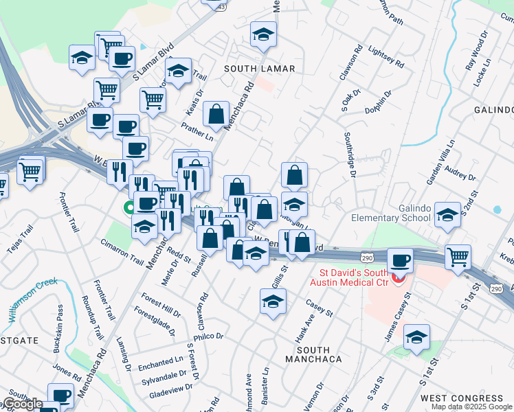 map of restaurants, bars, coffee shops, grocery stores, and more near 4100 Clawson Road in Austin