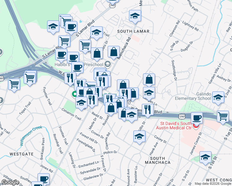 map of restaurants, bars, coffee shops, grocery stores, and more near 4107 Valley View Road in Austin