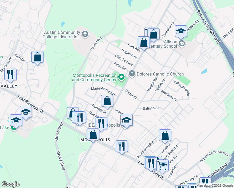map of restaurants, bars, coffee shops, grocery stores, and more near 6203 Carnation Terrace in Austin