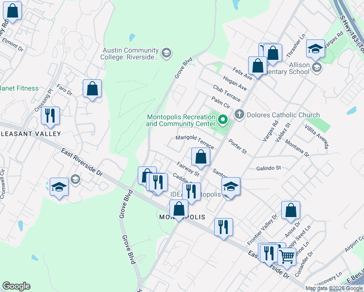 map of restaurants, bars, coffee shops, grocery stores, and more near 6009 Marigold Terrace in Austin