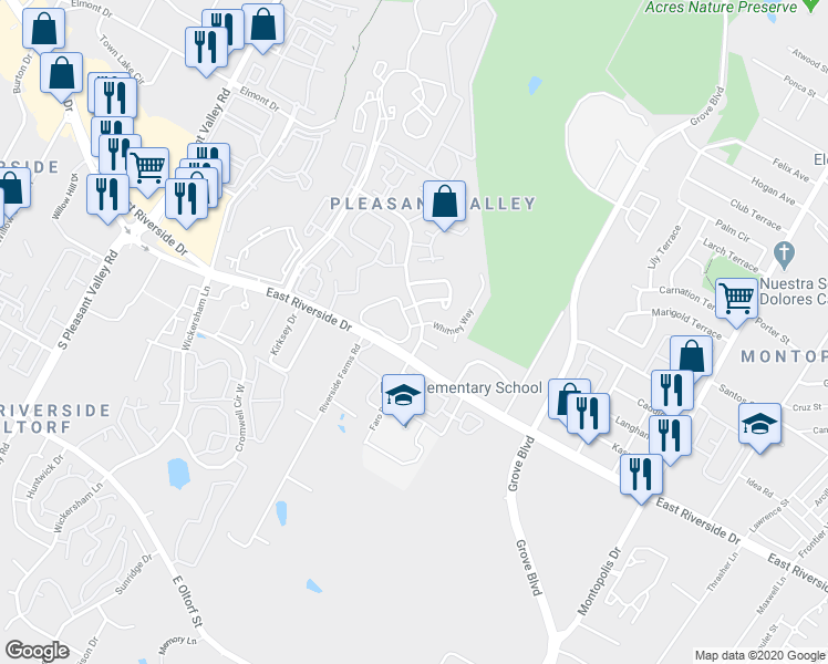 map of restaurants, bars, coffee shops, grocery stores, and more near 1851 1/2 River Crossing Circle in Austin