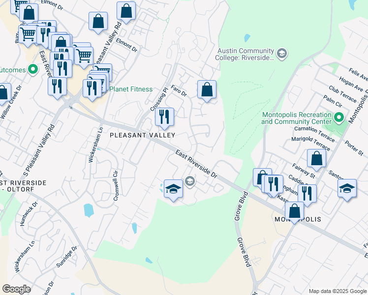 map of restaurants, bars, coffee shops, grocery stores, and more near 1851 1/2 River Crossing Circle in Austin