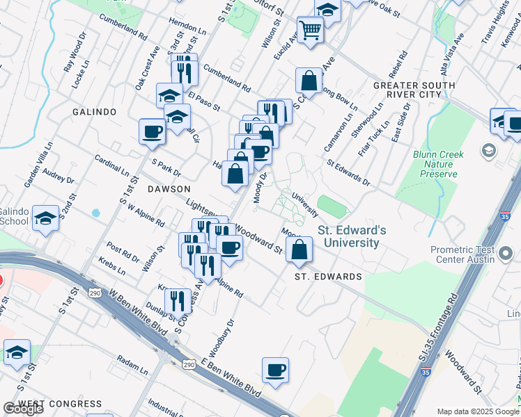 map of restaurants, bars, coffee shops, grocery stores, and more near in Austin