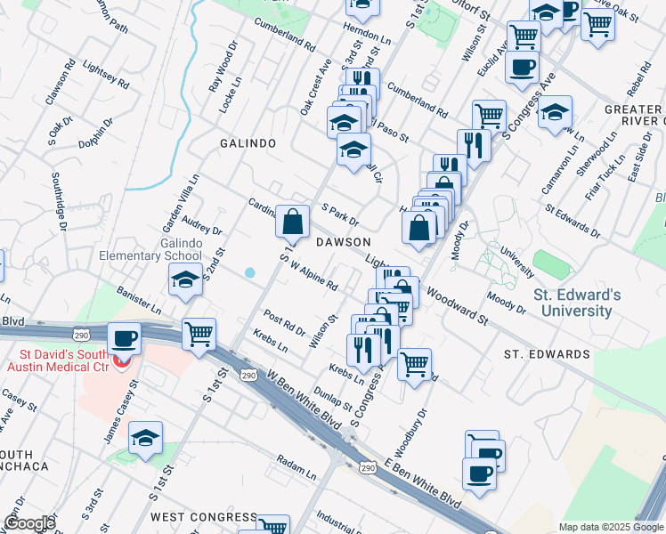 map of restaurants, bars, coffee shops, grocery stores, and more near in Austin