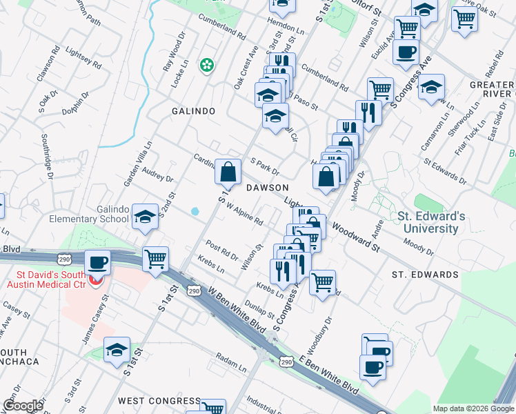 map of restaurants, bars, coffee shops, grocery stores, and more near in Austin