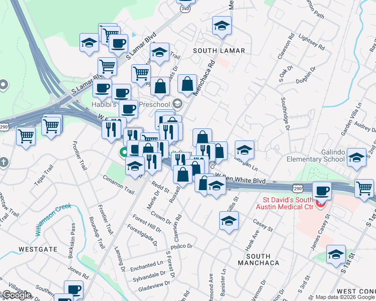 map of restaurants, bars, coffee shops, grocery stores, and more near 1900 Fortview Road in Austin
