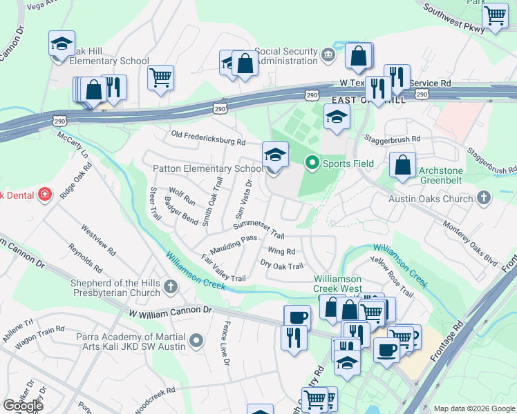 map of restaurants, bars, coffee shops, grocery stores, and more near 6102 Hill Forest Drive in Austin