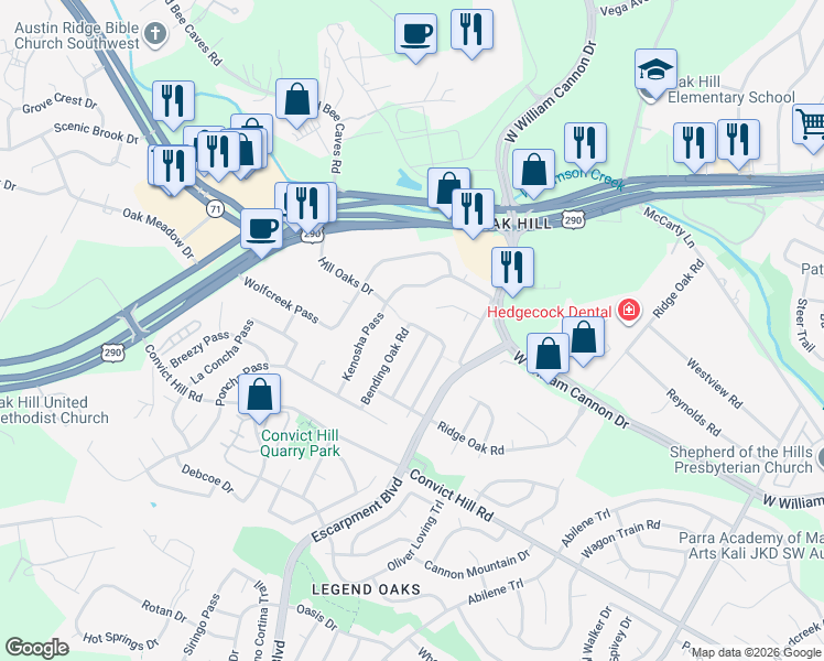 map of restaurants, bars, coffee shops, grocery stores, and more near 7001 Kenosha Pass in Austin