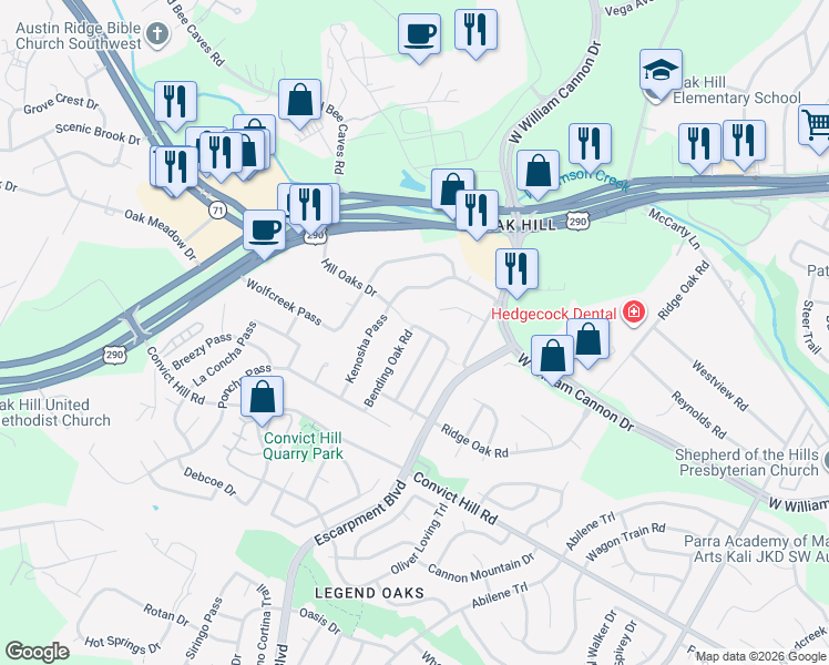 map of restaurants, bars, coffee shops, grocery stores, and more near 7001 Kenosha Pass in Austin