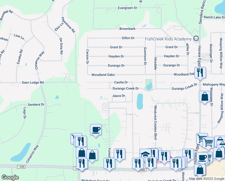 map of restaurants, bars, coffee shops, grocery stores, and more near 7314 Durango Creek Drive in Magnolia