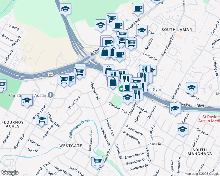map of restaurants, bars, coffee shops, grocery stores, and more near 2201 West Ben White Boulevard in Austin