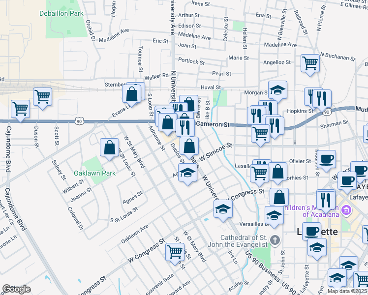 map of restaurants, bars, coffee shops, grocery stores, and more near 1903 West University Avenue in Lafayette