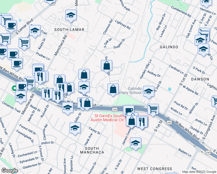 map of restaurants, bars, coffee shops, grocery stores, and more near 1200 Banister Lane in Austin