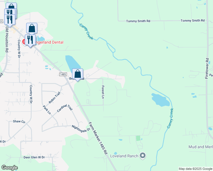 map of restaurants, bars, coffee shops, grocery stores, and more near 15103 Forest Lane in Conroe