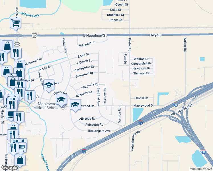 map of restaurants, bars, coffee shops, grocery stores, and more near 36 Eveland Avenue in Sulphur