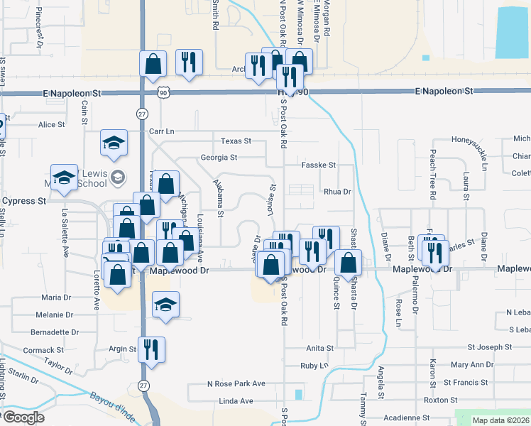 map of restaurants, bars, coffee shops, grocery stores, and more near 2073 Louise Street in Sulphur