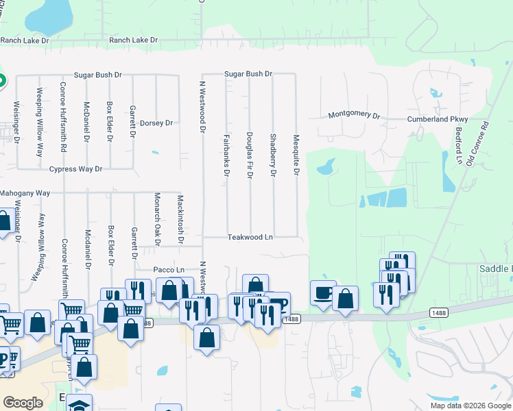 map of restaurants, bars, coffee shops, grocery stores, and more near 510 Douglas Fir Drive in Magnolia