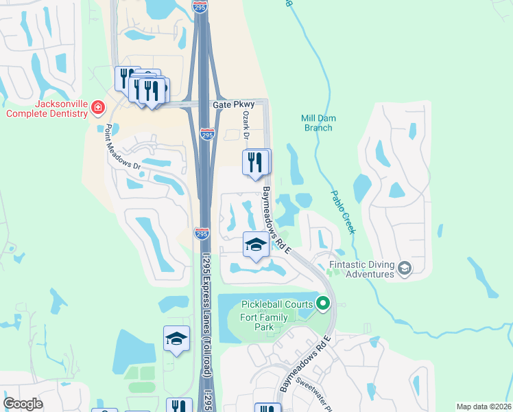 map of restaurants, bars, coffee shops, grocery stores, and more near 11526 Lake Mead Avenue in Jacksonville