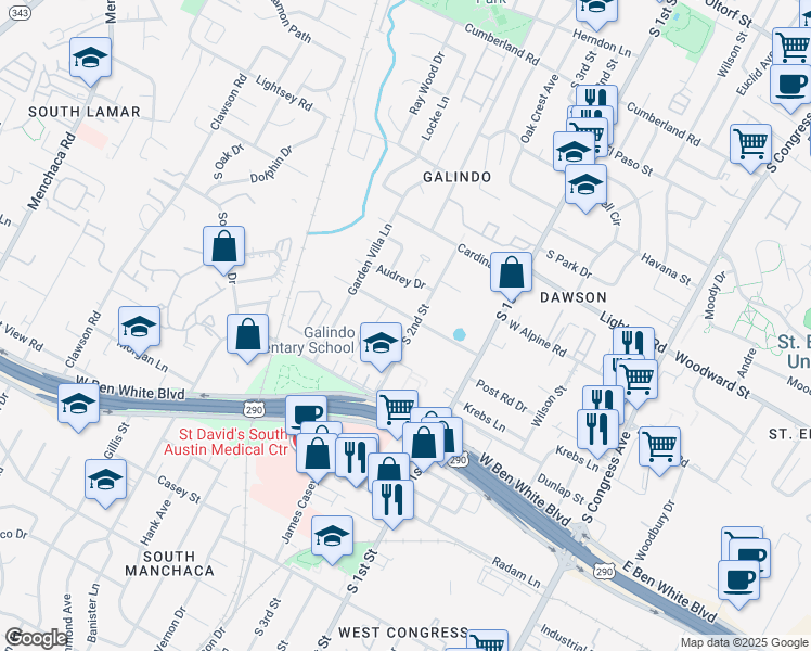 map of restaurants, bars, coffee shops, grocery stores, and more near 3614 South 2nd Street in Austin