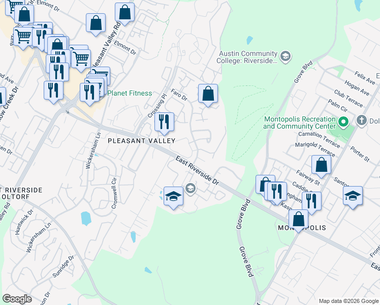 map of restaurants, bars, coffee shops, grocery stores, and more near 1851 1/2 River Crossing Circle in Austin
