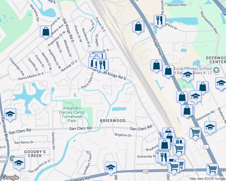 map of restaurants, bars, coffee shops, grocery stores, and more near 4810 Hawks Landing Court in Jacksonville