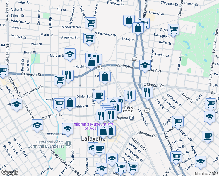 map of restaurants, bars, coffee shops, grocery stores, and more near 124-198 W Simcoe St in Lafayette