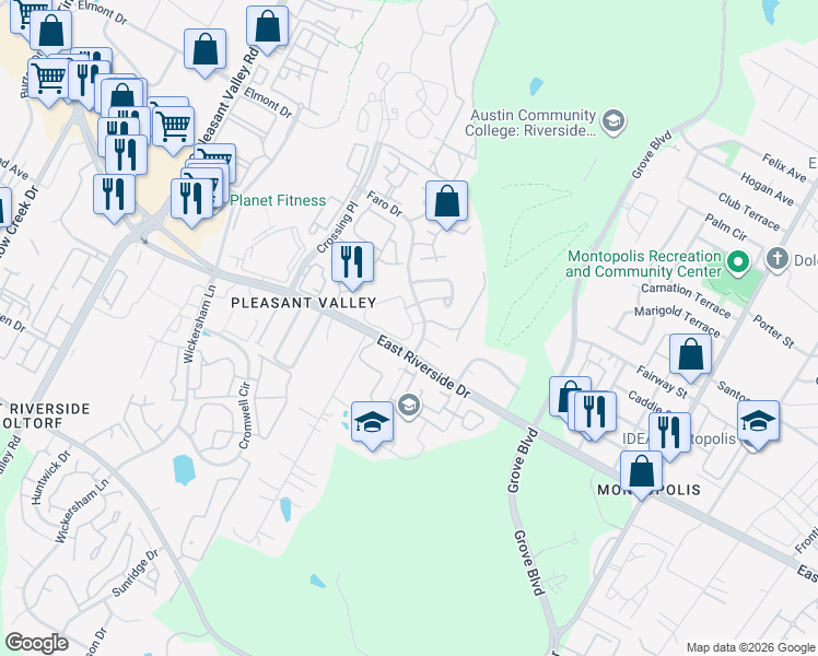 map of restaurants, bars, coffee shops, grocery stores, and more near 1851 1/2 River Crossing Circle in Austin