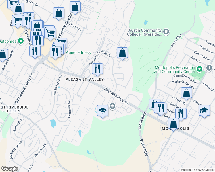 map of restaurants, bars, coffee shops, grocery stores, and more near 1851 1/2 River Crossing Circle in Austin