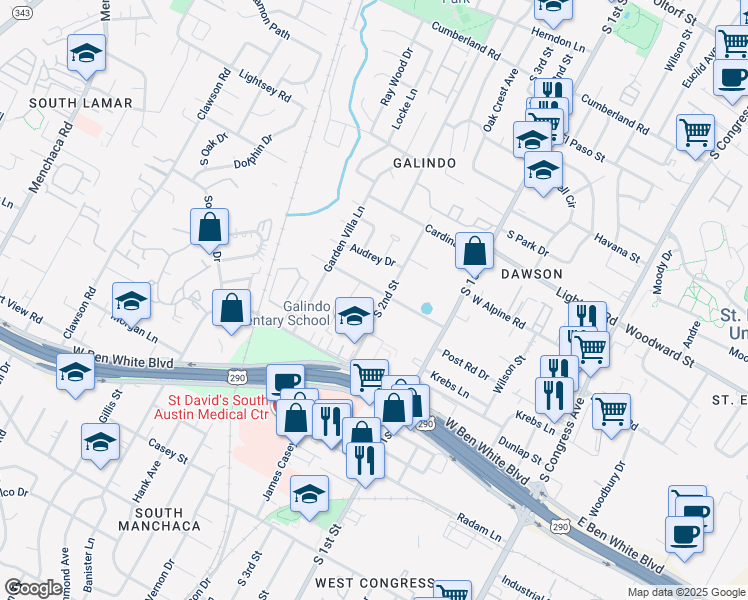 map of restaurants, bars, coffee shops, grocery stores, and more near 3614 South 2nd Street in Austin