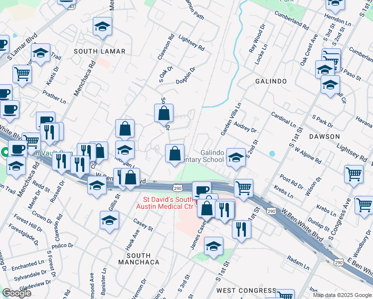 map of restaurants, bars, coffee shops, grocery stores, and more near 1 Southway Drive in Austin