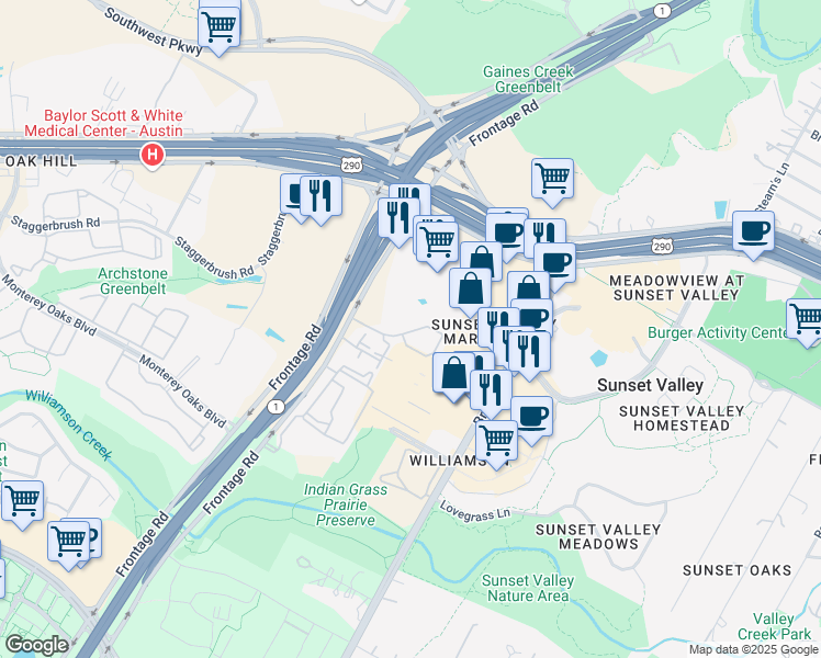 map of restaurants, bars, coffee shops, grocery stores, and more near 5400 South MoPac Expressway in Austin