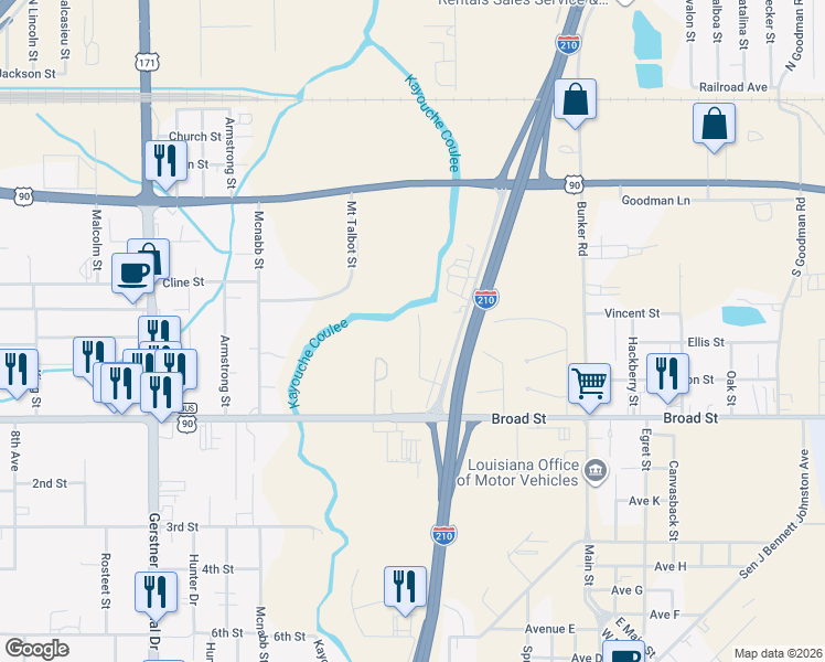 map of restaurants, bars, coffee shops, grocery stores, and more near 525 Shasta St in Lake Charles