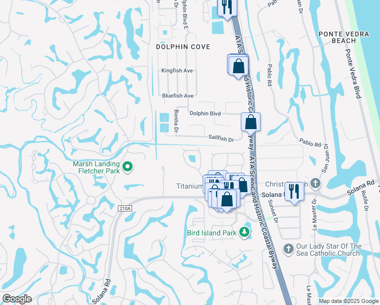 map of restaurants, bars, coffee shops, grocery stores, and more near 120 Solano Cay Circle in Ponte Vedra Beach