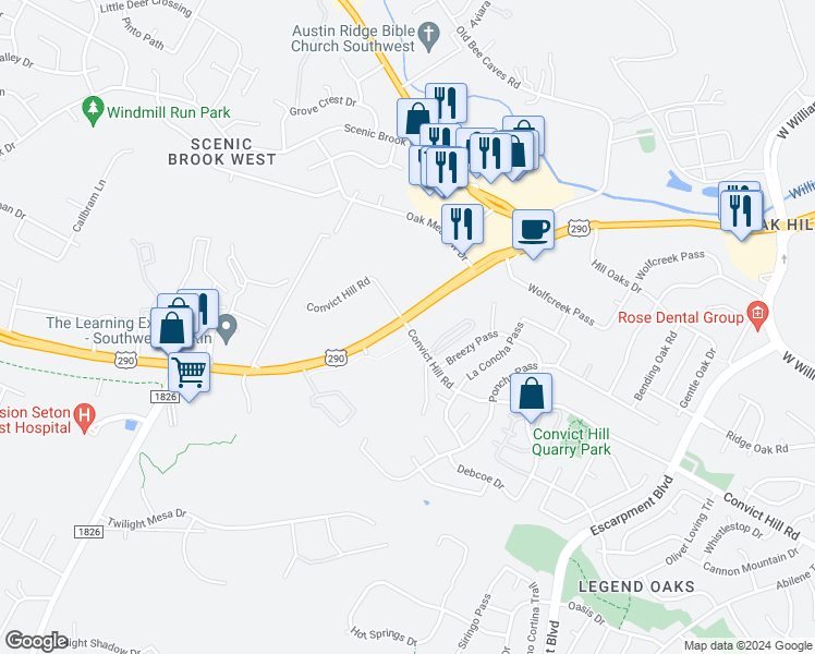 map of restaurants, bars, coffee shops, grocery stores, and more near 6991 Convict Hill Road in Austin