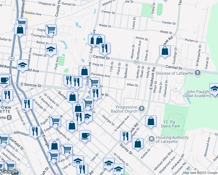 map of restaurants, bars, coffee shops, grocery stores, and more near 1598 12th Street in Lafayette