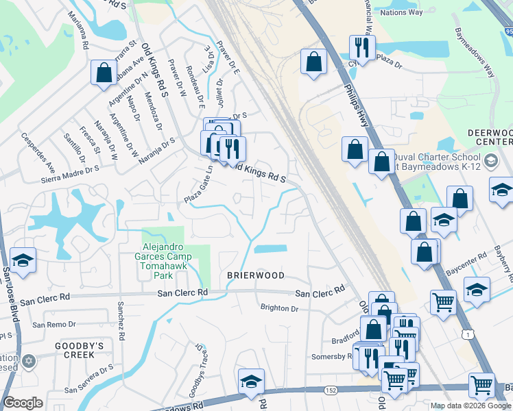 map of restaurants, bars, coffee shops, grocery stores, and more near 4810 Hawks Landing Court in Jacksonville