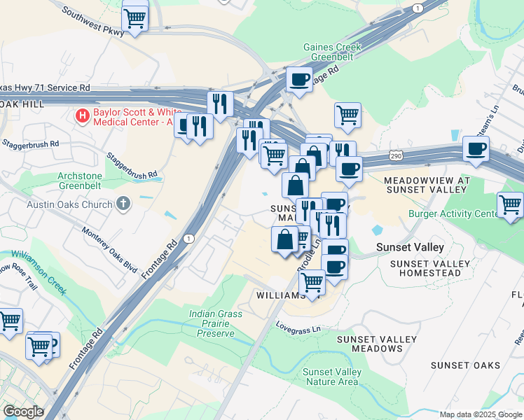 map of restaurants, bars, coffee shops, grocery stores, and more near 5400 South MoPac Expressway in Austin