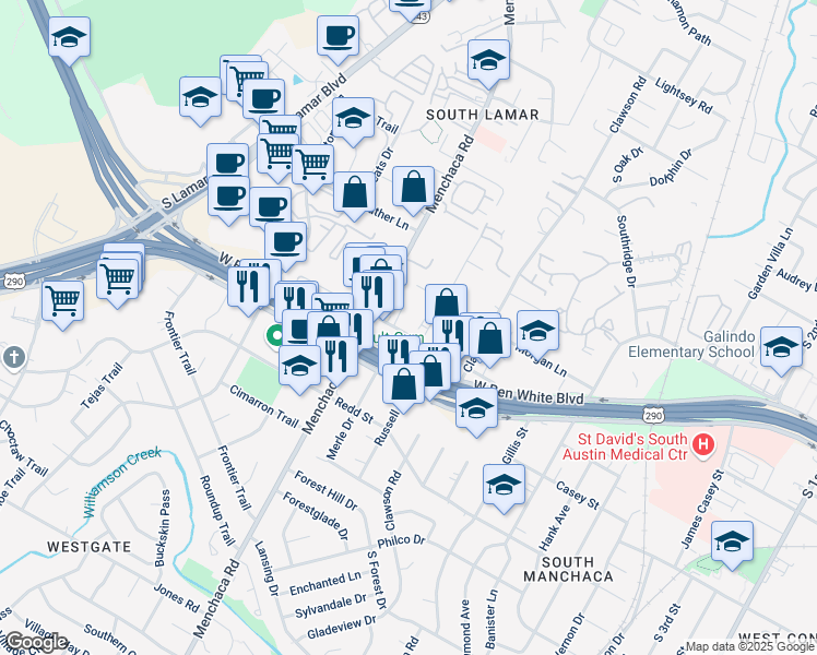 map of restaurants, bars, coffee shops, grocery stores, and more near 1900 Fortview Road in Austin