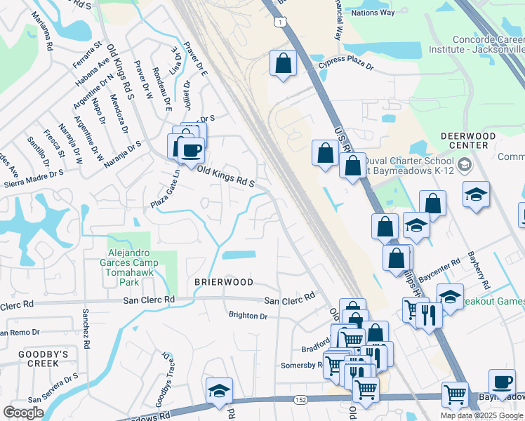 map of restaurants, bars, coffee shops, grocery stores, and more near 8300 Old Kings Road South in Jacksonville