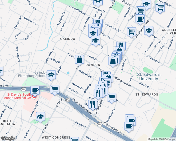 map of restaurants, bars, coffee shops, grocery stores, and more near 3501 South 1st Street in Austin