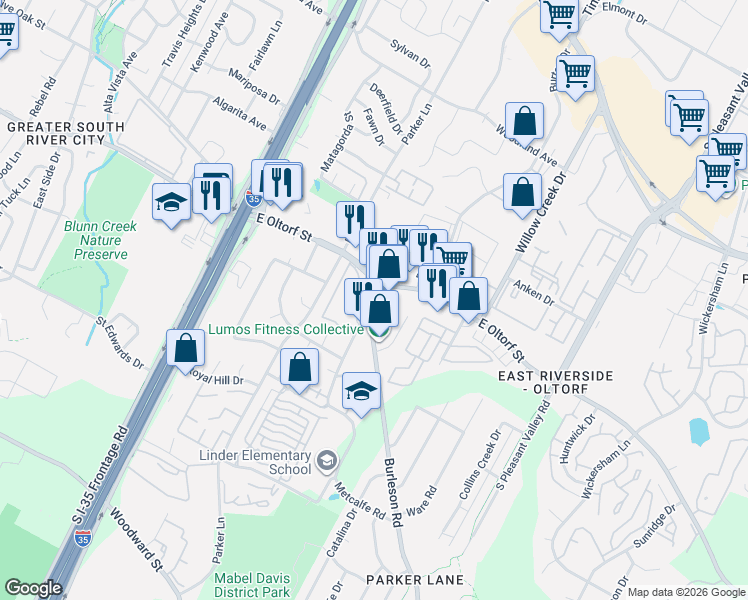 map of restaurants, bars, coffee shops, grocery stores, and more near 2305 Burleson Road in Austin