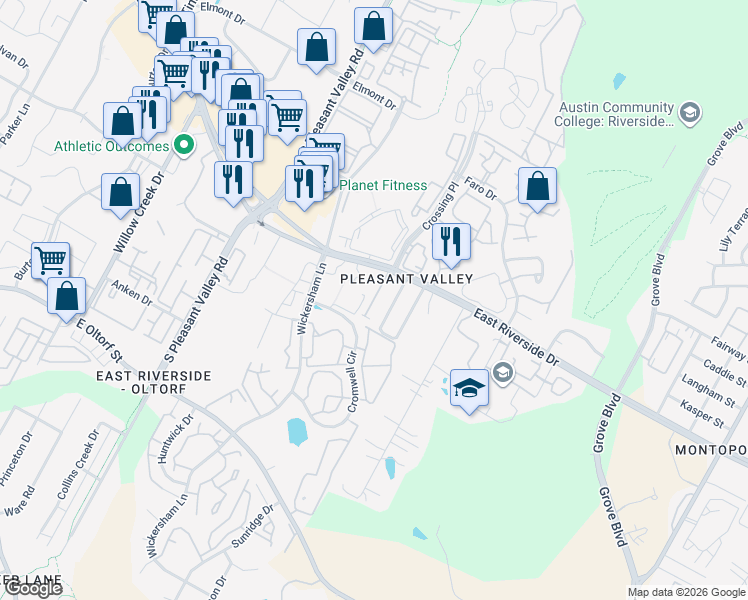 map of restaurants, bars, coffee shops, grocery stores, and more near 4821 East Riverside Drive in Austin