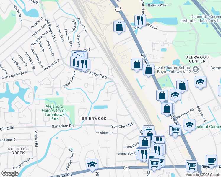 map of restaurants, bars, coffee shops, grocery stores, and more near 8300 Old Kings Road South in Jacksonville