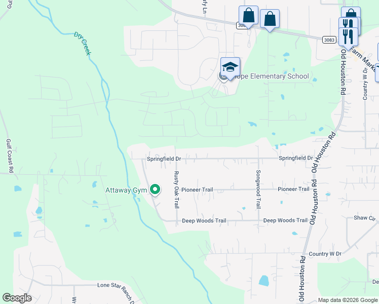 map of restaurants, bars, coffee shops, grocery stores, and more near 16905 Springfield Drive in Conroe