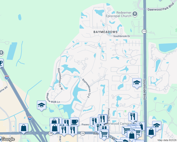 map of restaurants, bars, coffee shops, grocery stores, and more near 7601 Las Palmas Way in Jacksonville
