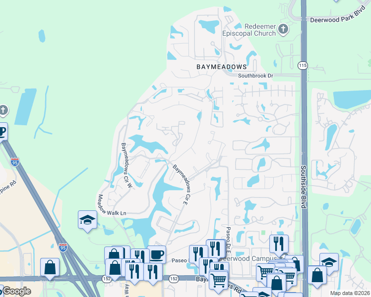 map of restaurants, bars, coffee shops, grocery stores, and more near 7601 Las Palmas Way in Jacksonville