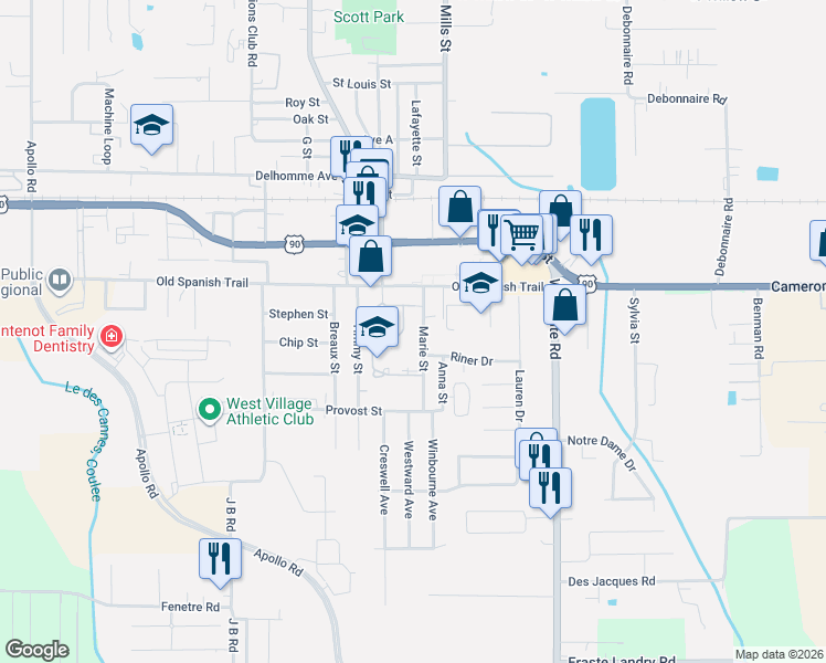 map of restaurants, bars, coffee shops, grocery stores, and more near 700-724 Marie Street in Scott