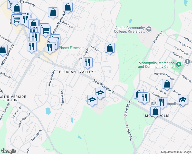 map of restaurants, bars, coffee shops, grocery stores, and more near 1851 1/2 River Crossing Circle in Austin