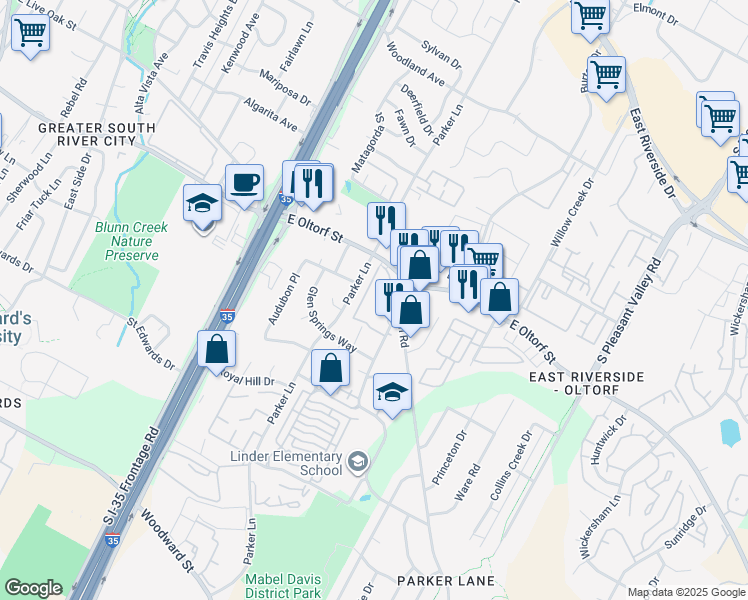 map of restaurants, bars, coffee shops, grocery stores, and more near 1817 East Oltorf Street in Austin