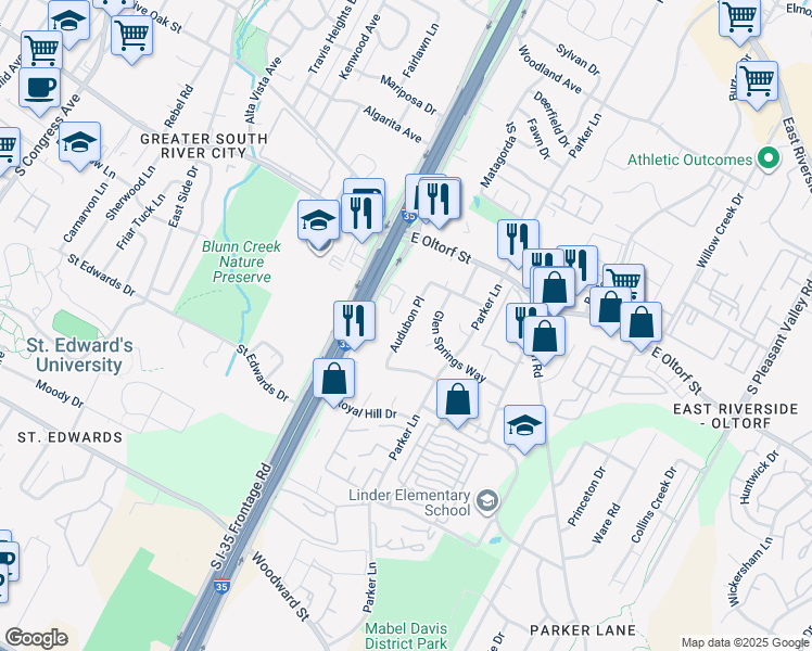 map of restaurants, bars, coffee shops, grocery stores, and more near 2501 Interstate 35 in Austin